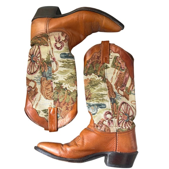Dan Post Shoes - Rare Vintage Dan Post Tan Leather Western Desert Tapestry Cowboy Boots Size 6.5M